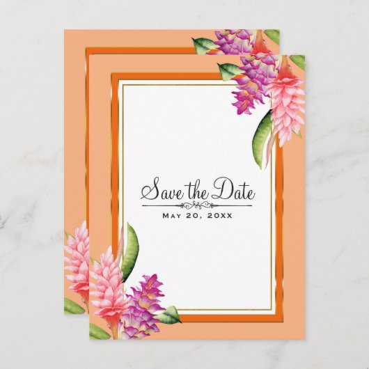 熱帯フローラコーラルオレンジ&金ゴールド保存日 案内ポストカード (正面/裏面)