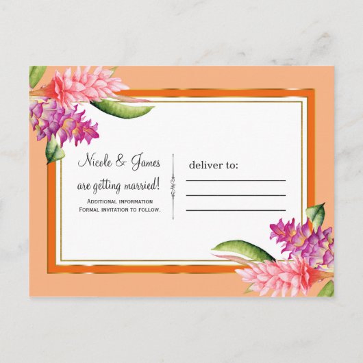 熱帯フローラコーラルオレンジ&金ゴールド保存日 案内ポストカード (裏面)