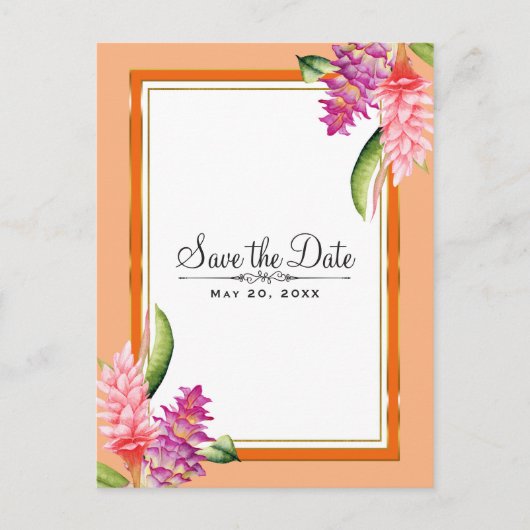 熱帯フローラコーラルオレンジ&金ゴールド保存日 案内ポストカード (正面)