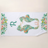 熱帯フローラシーホースカップルモノグラムターコイズ ビーチタオル (正面)