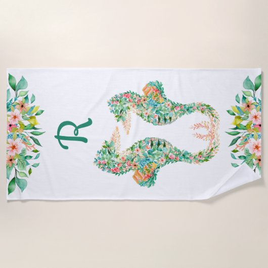 熱帯フローラシーホースカップルモノグラムターコイズ ビーチタオル (正面)