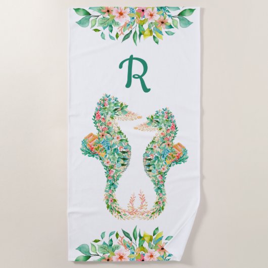 熱帯フローラシーホースカップルモノグラムターコイズ ビーチタオル (正面)