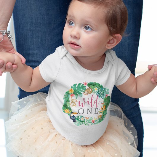 熱帯フローラジャングルアニマルズファースト誕生日 ベビーボディスーツ