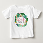 熱帯フローラジャングルアニマルズファースト誕生日 ベビーTシャツ (正面)
