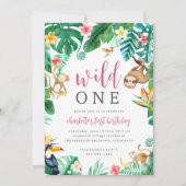 熱帯フローラジャングルアニマルズファースト誕生日 招待状 (正面)
