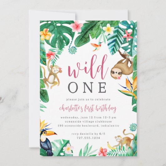 熱帯フローラジャングルアニマルズファースト誕生日 招待状 (正面)