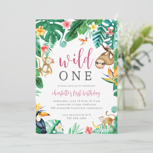 熱帯フローラジャングルアニマルズファースト誕生日 招待状 (スタンド正面)