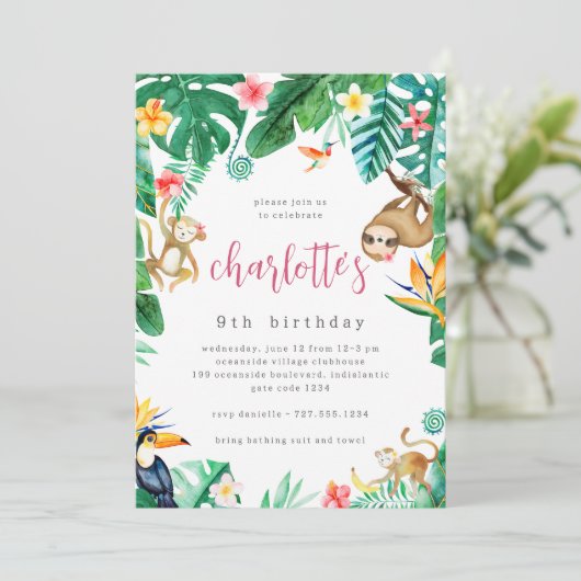 熱帯フローラジャングルアニマル子供の誕生日パーティー 招待状 (スタンド正面)