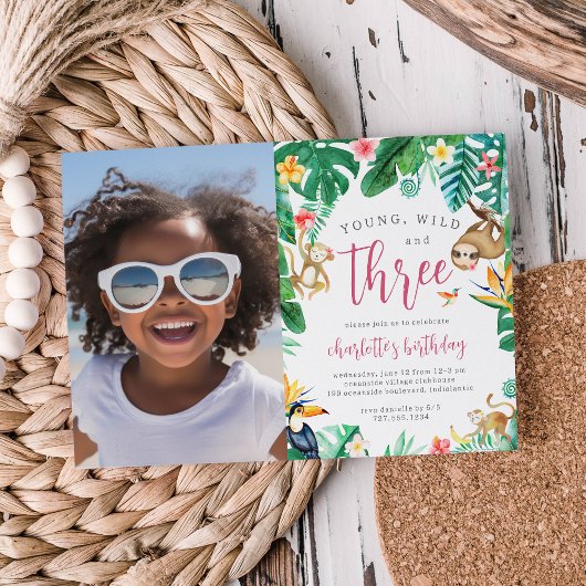 熱帯フローラジャングル動物子供の誕生日写真 招待状
