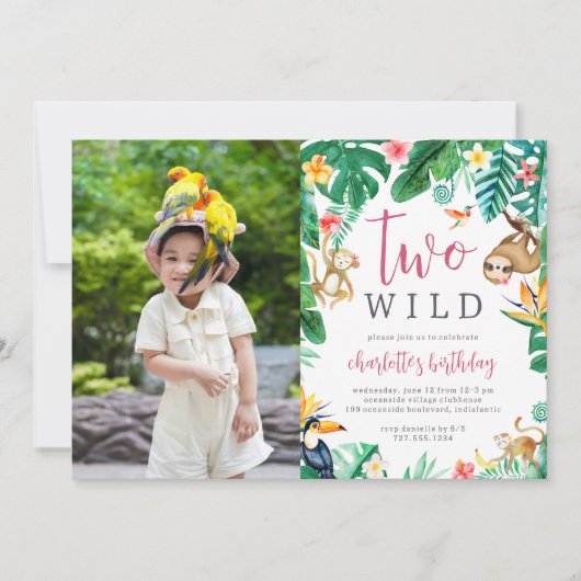 熱帯フローラジャングル動物子供の誕生日写真 招待状 (正面)