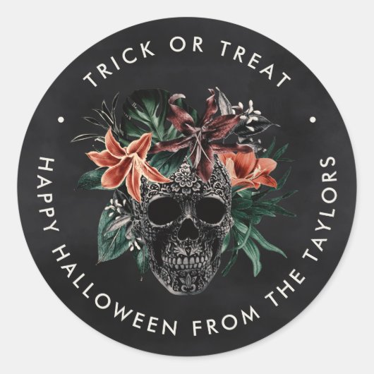 熱帯フローラスカルハロウィントリックまたはトリート ラウンドシール (正面)