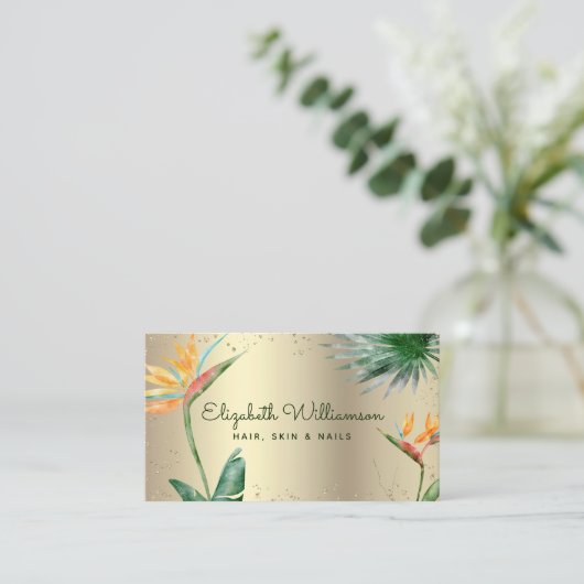熱帯フローラスクリプトゴールドフォイルヘア美しいサロン 名刺 (スタンド正面)