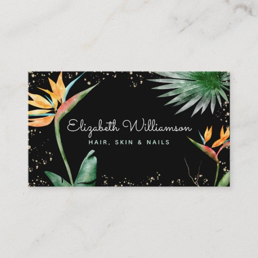 熱帯フローラスクリプト金ゴールドオンブラック美しいサロン 名刺 (正面)