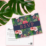 熱帯フローラハイビスカスネイビーウェディングRSVP ポストカード<br><div class="desc">熱帯ハイビスカスをテーマにした結婚式のスプップポストカード。</div>