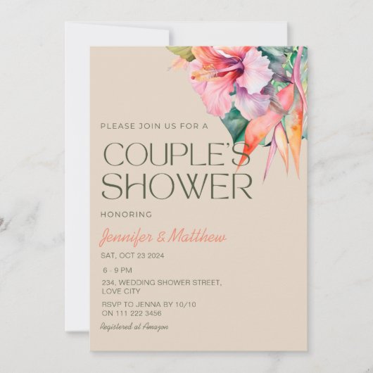 熱帯フローラハイビスカスハワイアンカップルシャワー 招待状 (正面)