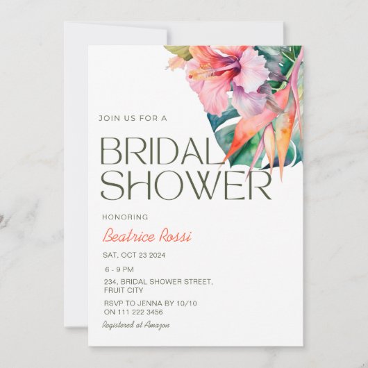 熱帯フローラハイビスカスハワイアンブライダルシャワー 招待状 (正面)