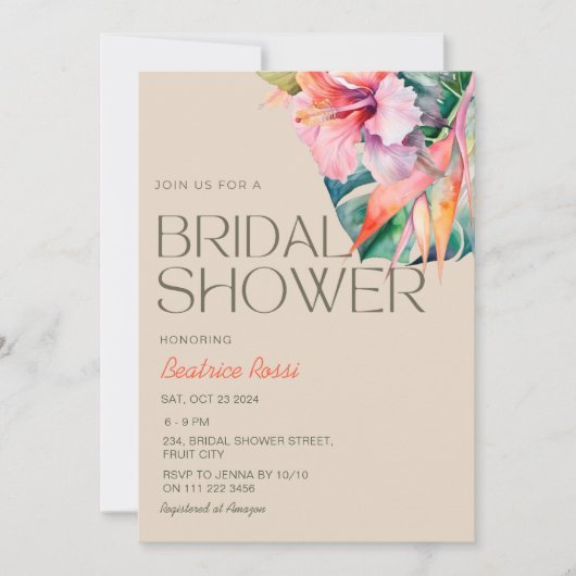 熱帯フローラハイビスカスハワイアンブライダルシャワー 招待状 (正面)