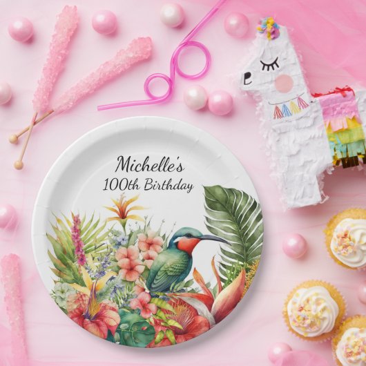 熱帯フローラハミングバード100誕生日 ペーパープレート (パーティー)