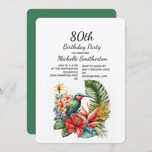 熱帯フローラハミングバード80誕生日 招待状 (正面/裏面)