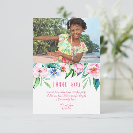 熱帯フローラハワイアン誕生日ピンク写真 サンキューカード (スタンド正面)
