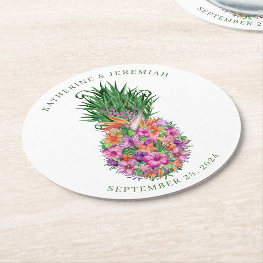 熱帯フローラパイナップルエレガントな結婚式 ラウンドペーパーコースター (アングル)