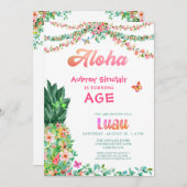 熱帯フローラパイナップルルアウ(ハワイ式宴会)ANY AGE誕生日 招待状 (正面/裏面)