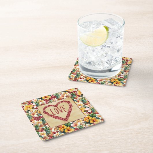 熱帯フローラパイナップルレッドグリッターラブハート スクエアペーパーコースター (インサイチュ)