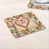 熱帯フローラパイナップルレッドグリッターラブハート スクエアペーパーコースター (アングル)
