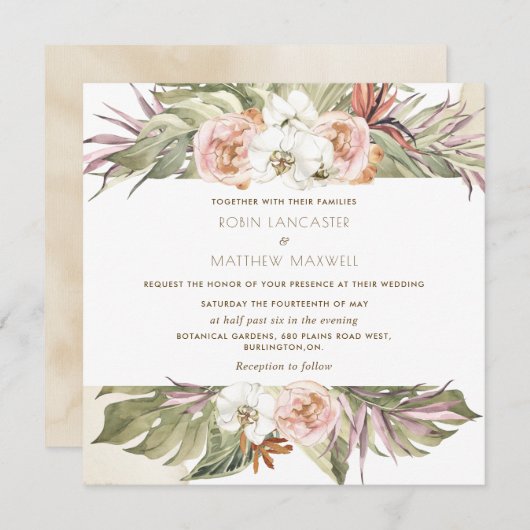 熱帯フローラパームリーフ、クリームスクエア結婚イン 招待状 (正面/裏面)