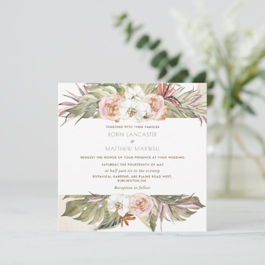 熱帯フローラパームリーフ、クリームスクエア結婚イン 招待状 (スタンド正面)