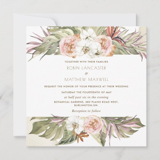 熱帯フローラパームリーフ、クリームスクエア結婚イン 招待状 (正面)