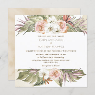熱帯フローラパームリーフ、クリームスクエア結婚イン 招待状