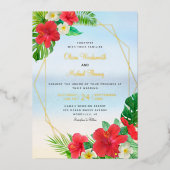 熱帯フローラビーチゴールドフォイル結婚ズ 箔招待状 (正面)
