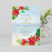 熱帯フローラビーチゴールドフォイル結婚ズ 箔招待状 (立ち正面)