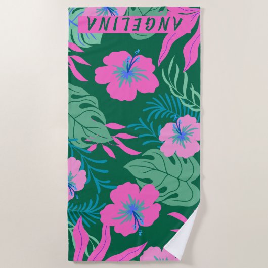 熱帯フローラビーチ休暇名前をカスタムする ビーチタオル (正面)