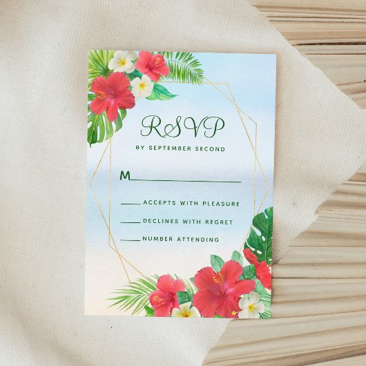 熱帯フローラビーチ金ゴールド結婚式RSVP 出欠カード