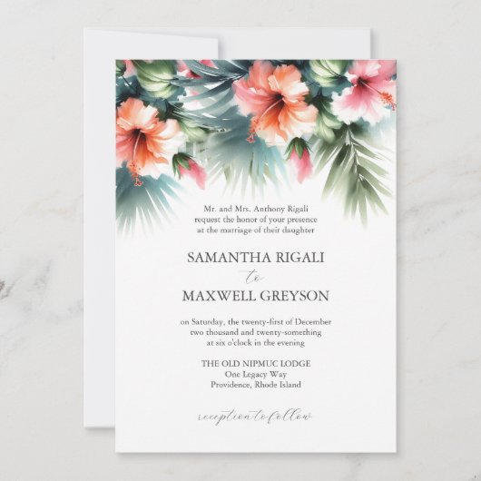 熱帯フローラピンクとオレンジフォーマル結婚ズ 招待状 (正面)