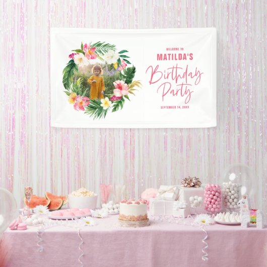 熱帯フローラピンクイエロフラミンゴスタイリッシュ 横断幕 (パーティー)