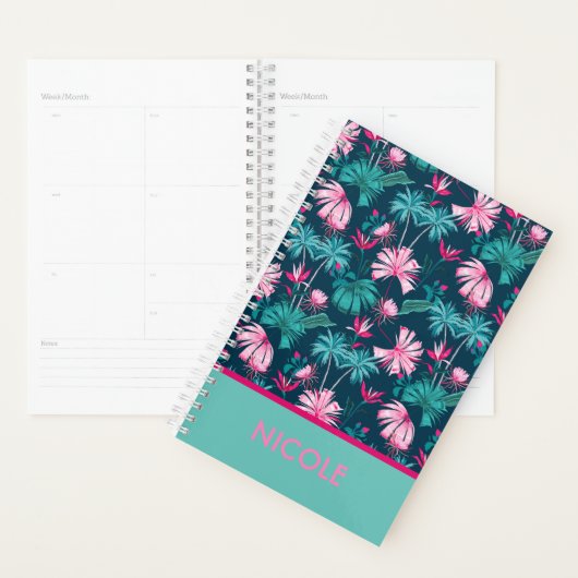 熱帯フローラピンクティール(緑がかった色)パーソナライズされた名 プランナー手帳 (ディスプレー)