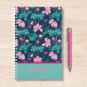 熱帯フローラピンクティール（緑がかった色）パーソナライズされた名 プランナー手帳