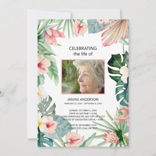 熱帯フローラピンクライフお祝い写真 招待状 (正面)