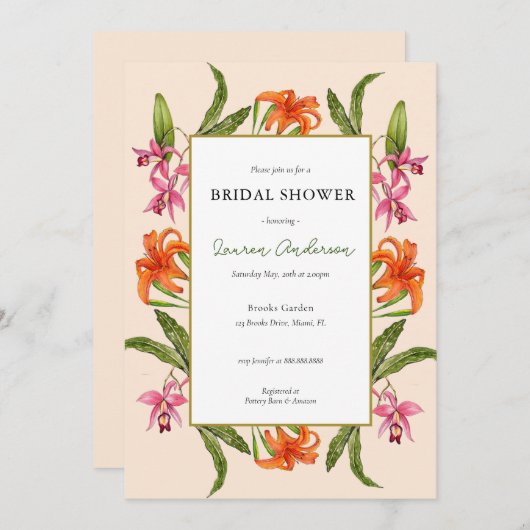 熱帯フローラピーチアンドホワイトブライダルシャワー 招待状 (正面/裏面)