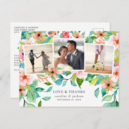 熱帯フローラフォトコラージュ結婚の感謝 ポストカード (正面/裏面)