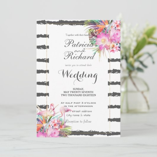 熱帯フローラフストライプラミンゴ結婚スデザイン 招待状 (スタンド正面)