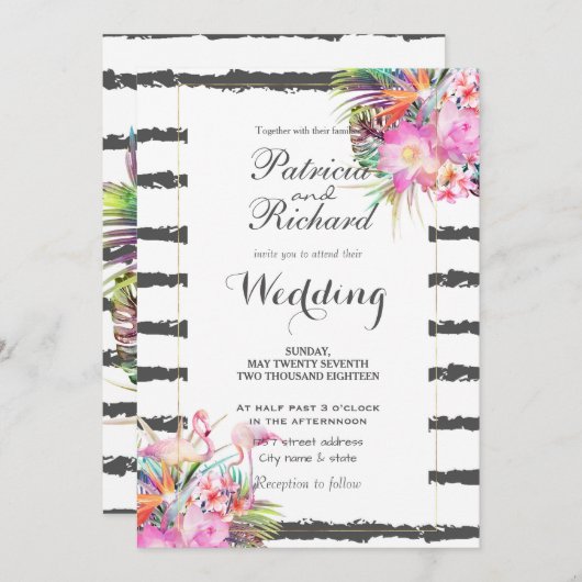 熱帯フローラフストライプラミンゴ結婚スデザイン 招待状 (正面/裏面)