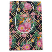 熱帯フローラフラミンゴと金ゴールドストローク ミディアムペーパーバッグ (正面)