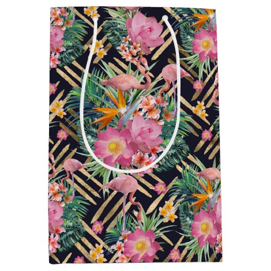 熱帯フローラフラミンゴと金ゴールドストローク ミディアムペーパーバッグ (正面)