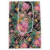 熱帯フローラフラミンゴと金ゴールドストローク ミディアムペーパーバッグ (裏面)