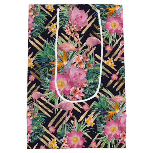 熱帯フローラフラミンゴと金ゴールドストローク ミディアムペーパーバッグ (裏面)