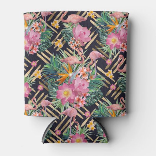 熱帯フローラフラミンゴと金ゴールドストローク 缶クーラー (正面)